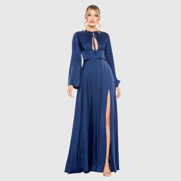 Mac Duggal 68308 NWT Navy Charmeuse Soft Tie Keyhole Bell Sleeve Gown - Picture 1 of 6
